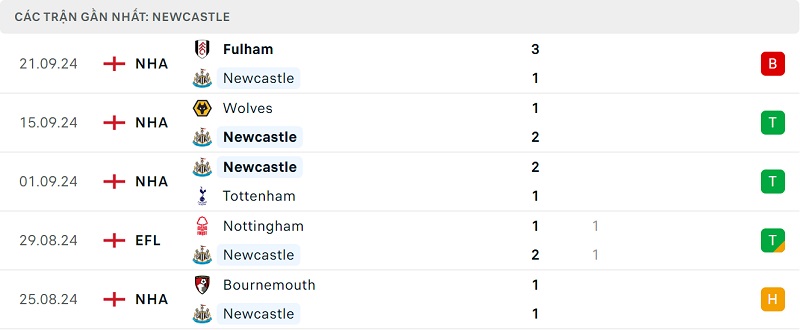 Kết quả 5 trận gần nhất của Newcastle